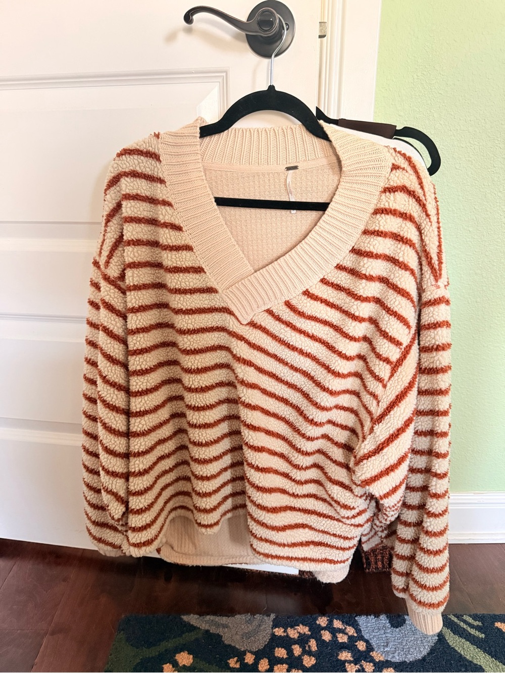 Free People Cream & Rust Striped V-Neck Sweater